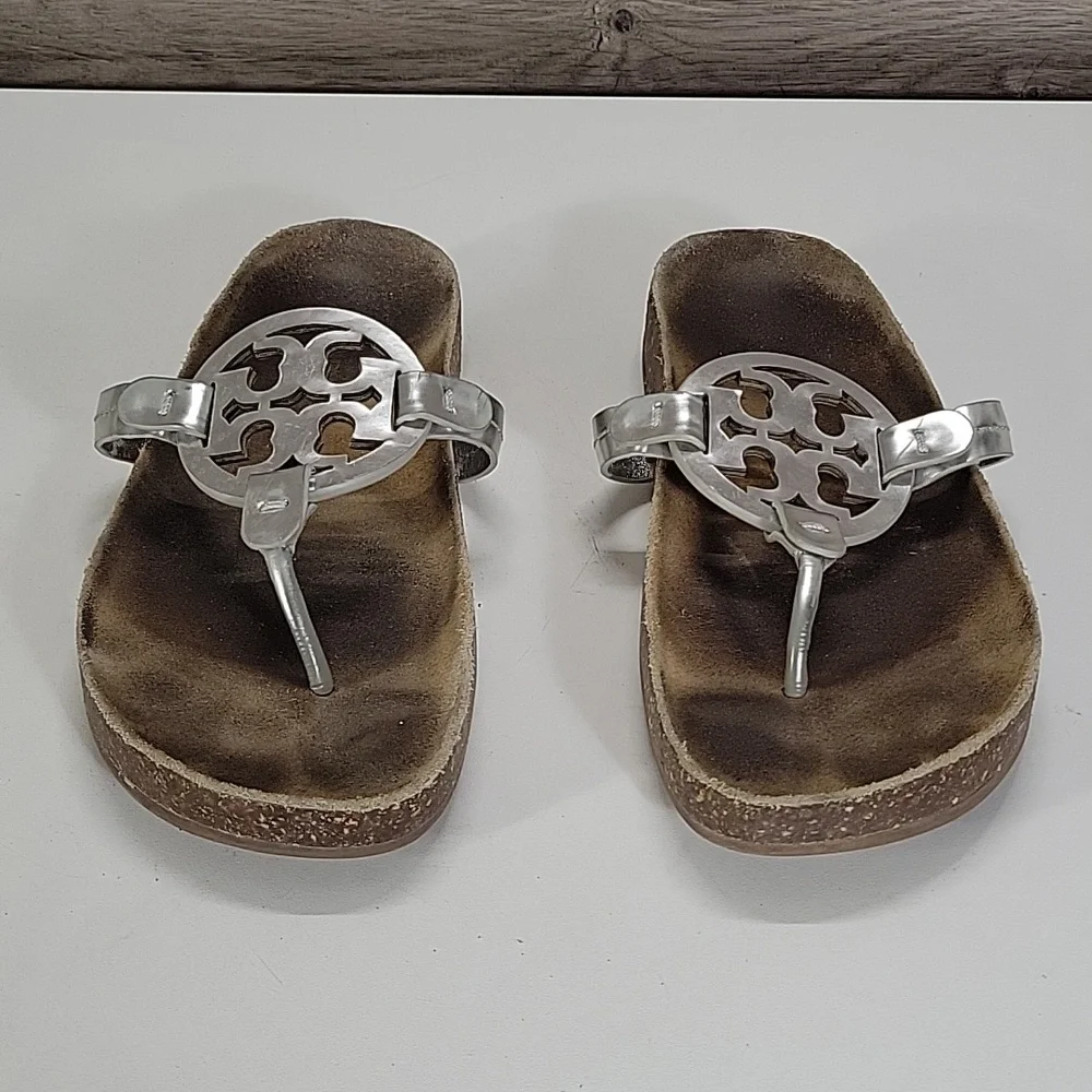 Tory Burch Silver Logo Thong Sandals Sz 8